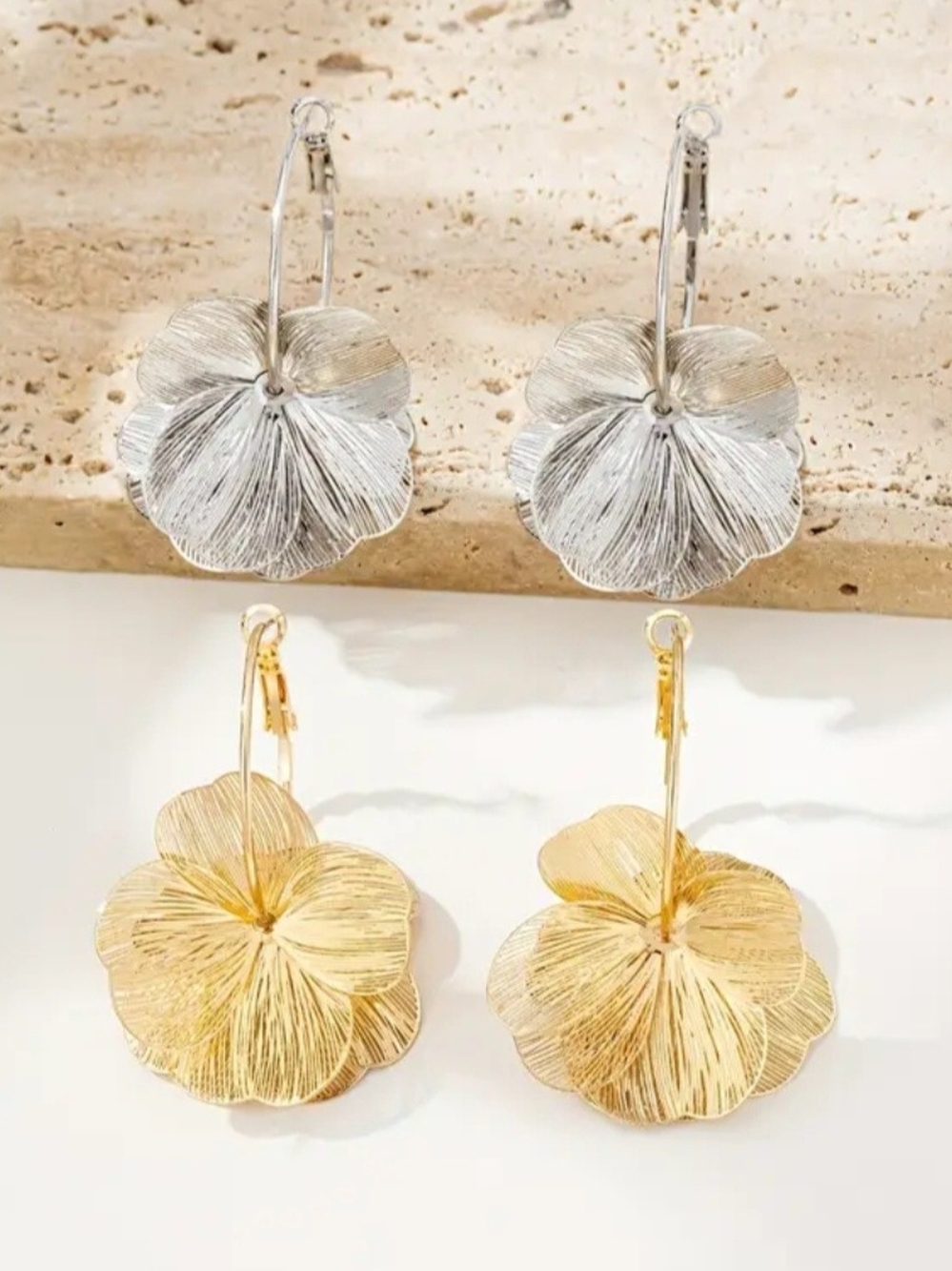 Holiday Set Of Filagree Floral Drop Earrings - Special Purchase. Gold & Silver